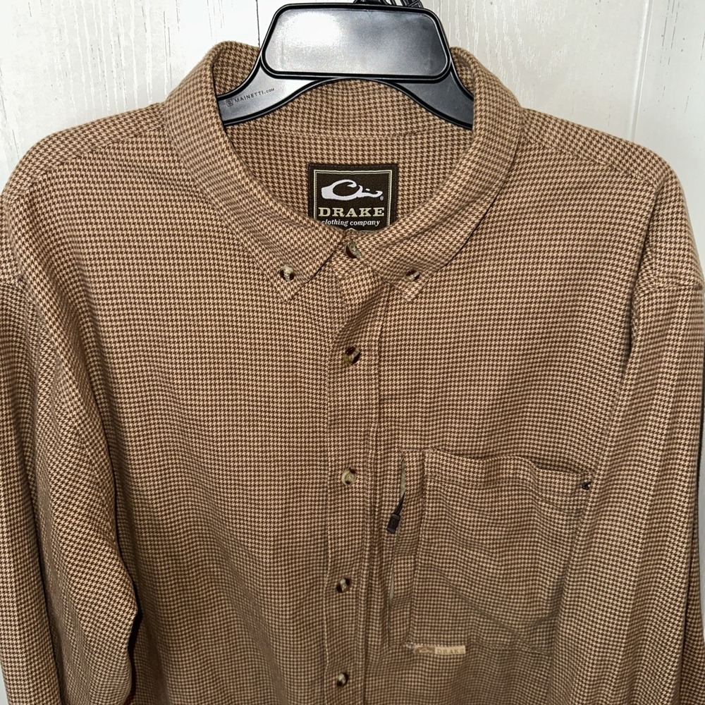 Drake Mens Waterfowl Autumn Brushed Twill LS Shirt XL Houndstooth Wolf Khaki